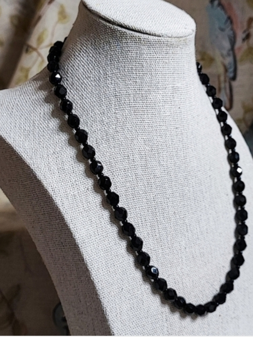 Vintage Antique Jet Black Glass Faceted Single Strand Beaded Mourning Necklace